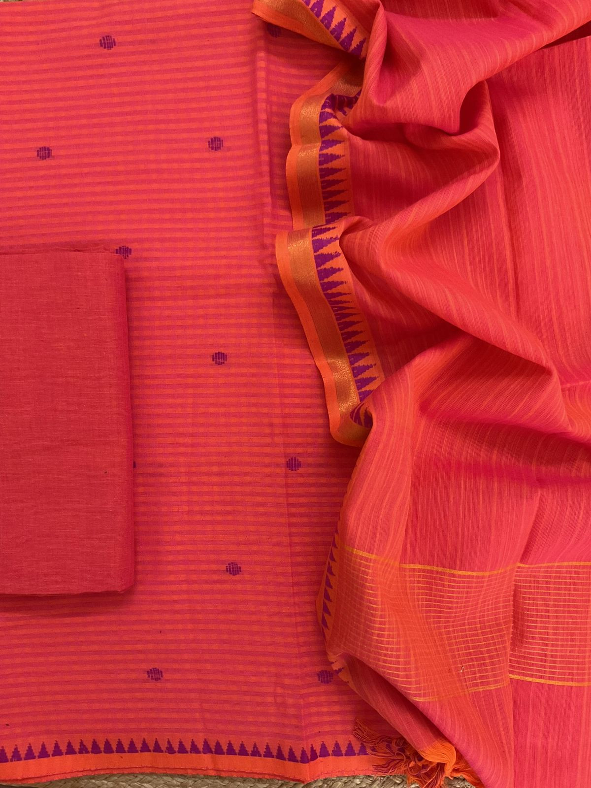 Pure Handloom Cotton Self Weaved Suit - Peach