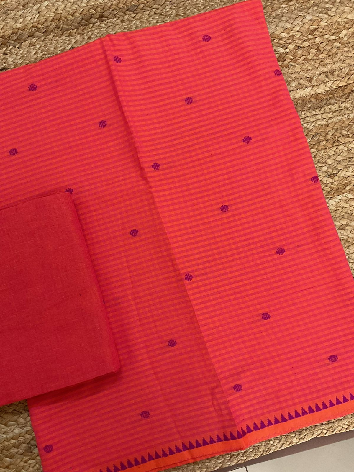 Pure Handloom Cotton Self Weaved Suit - Peach