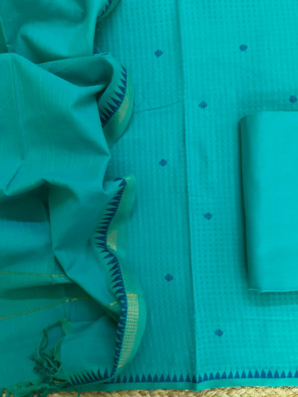 Pure Handloom Cotton Self Weaved Suit - Blue