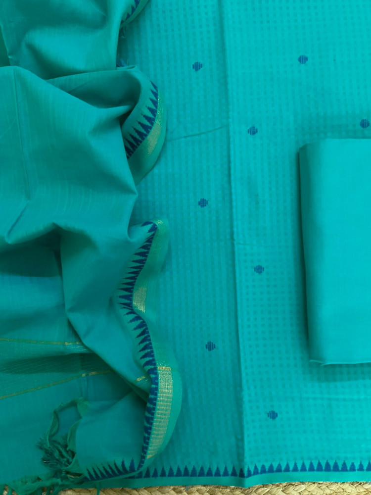 Image of Pure Handloom Cotton Self Weaved Suit - Blue