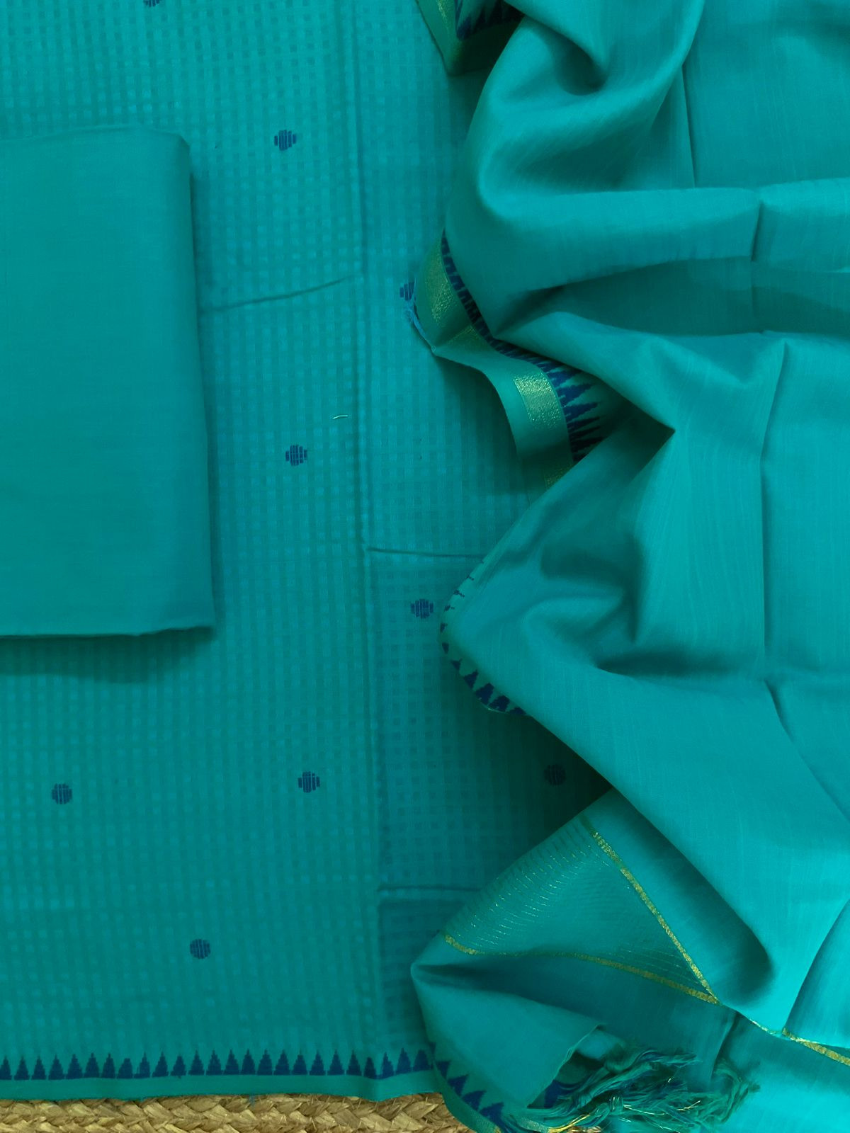 Pure Handloom Cotton Self Weaved Suit - Blue