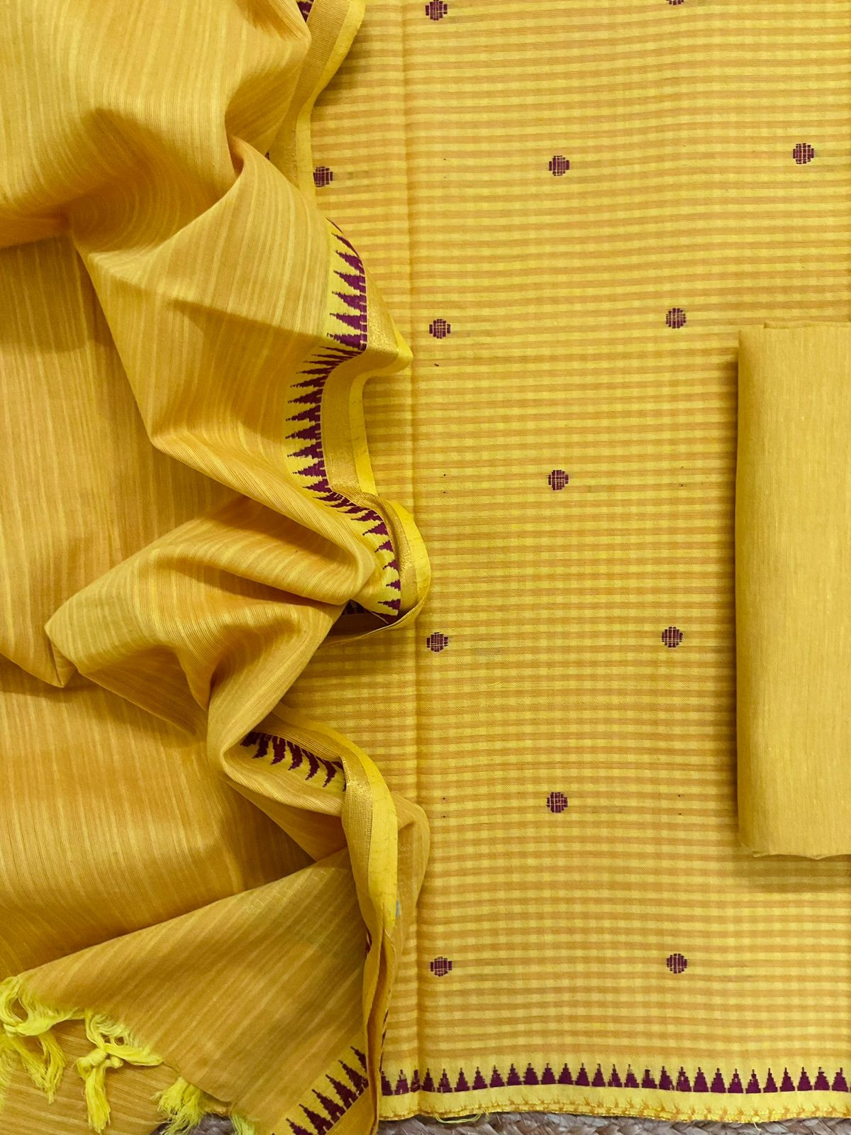 Pure Handloom Cotton Self Weaved Suit - Yellow