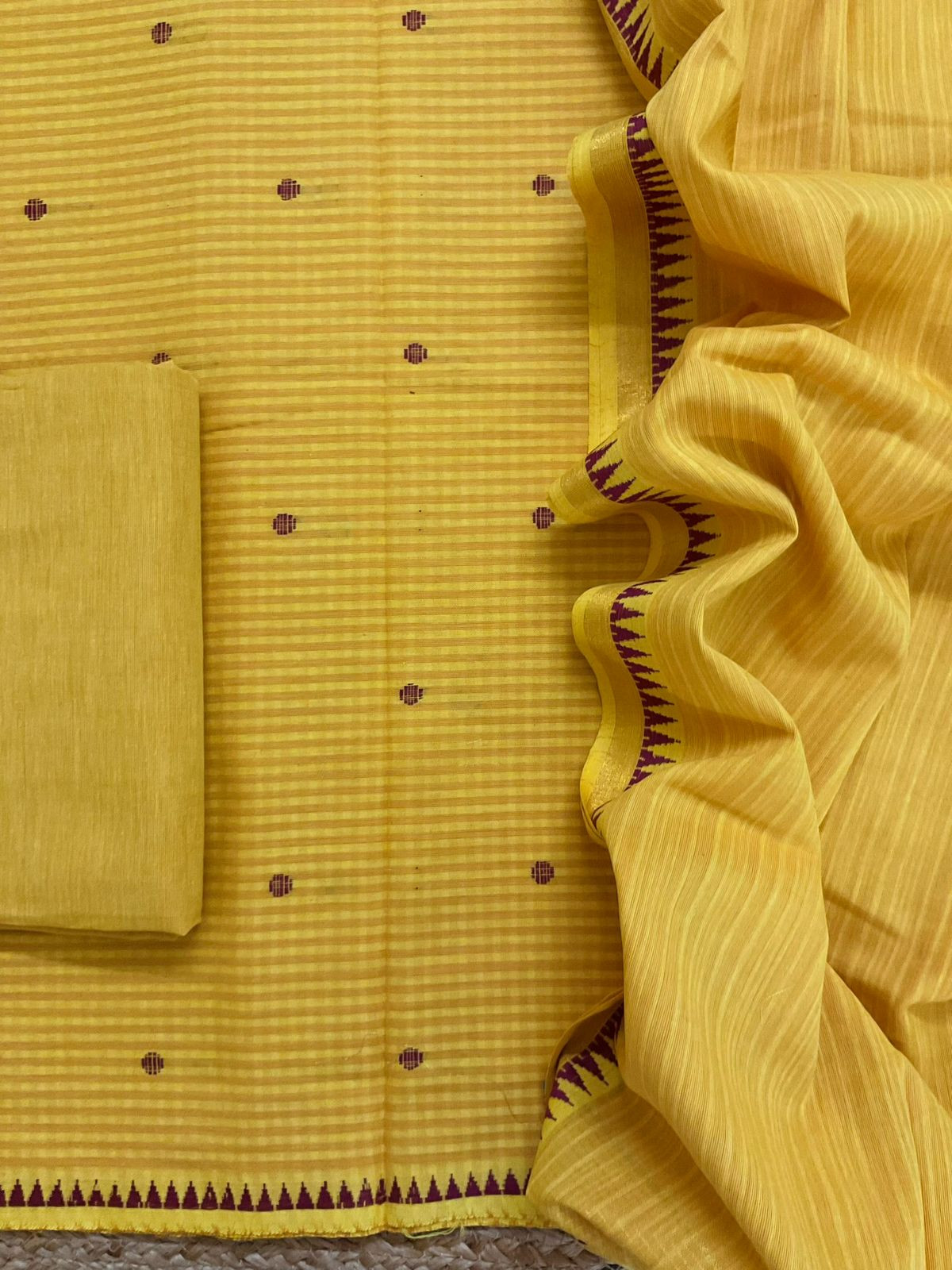 Pure Handloom Cotton Self Weaved Suit - Yellow