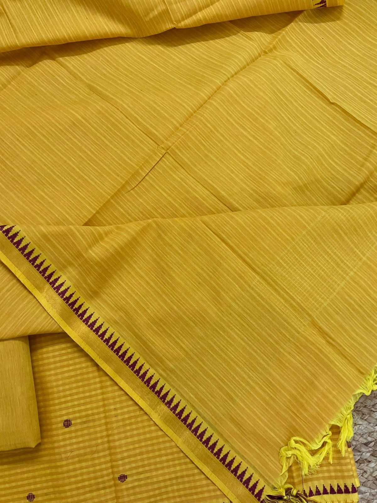 Pure Handloom Cotton Self Weaved Suit - Yellow