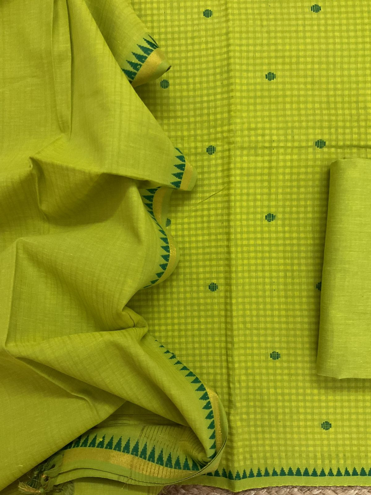 Pure Handloom Cotton Self Weaved Suit - Green