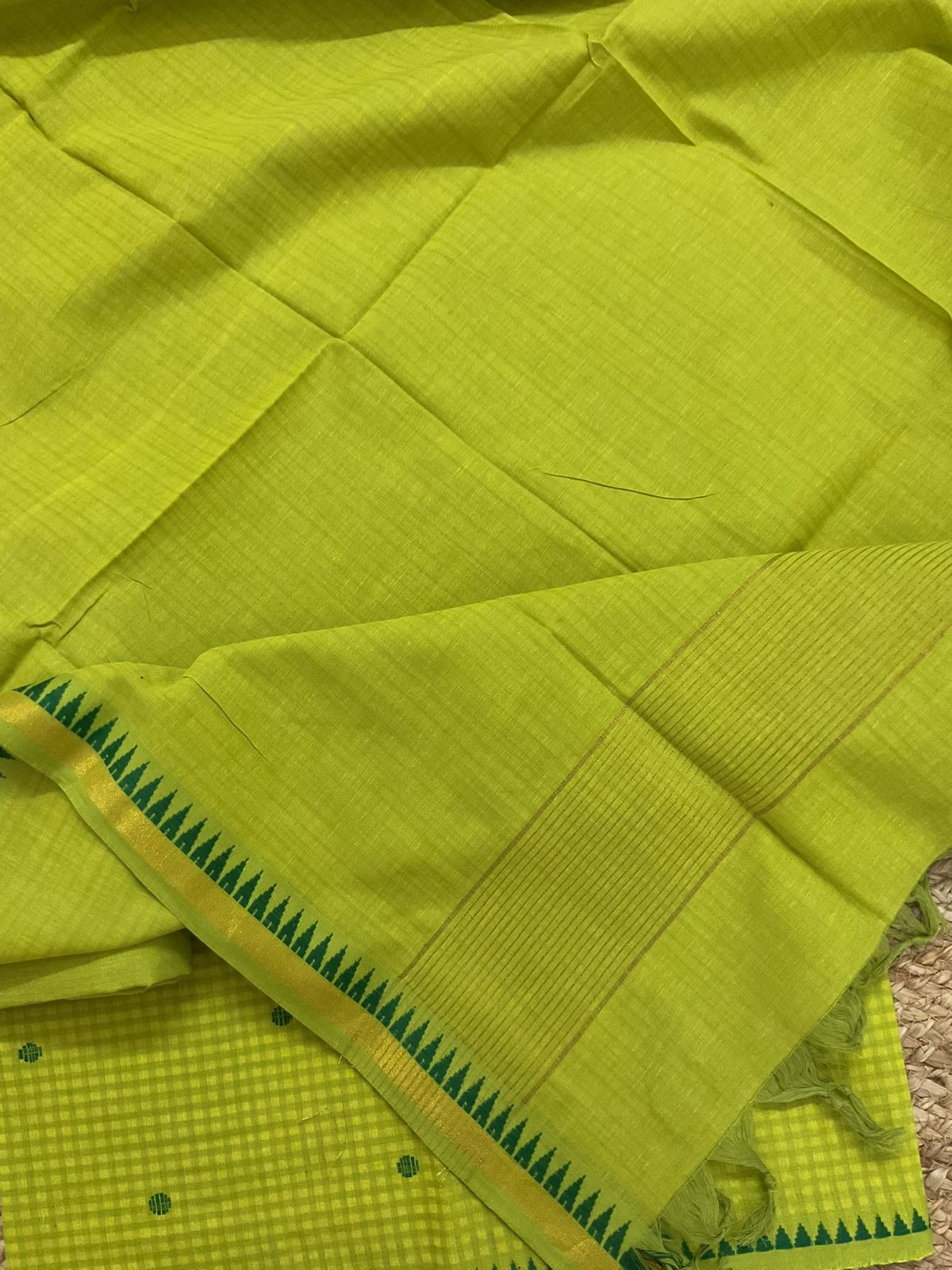 Pure Handloom Cotton Self Weaved Suit - Green