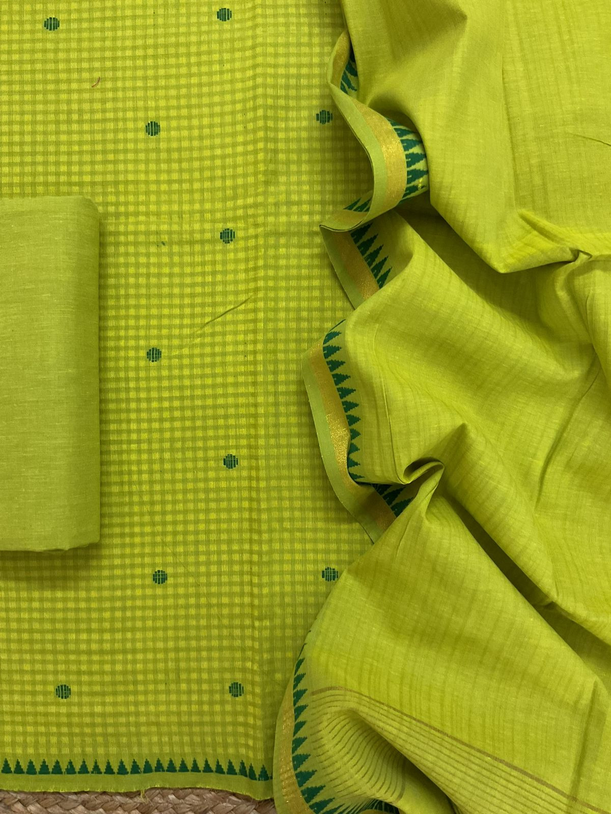 Pure Handloom Cotton Self Weaved Suit - Green