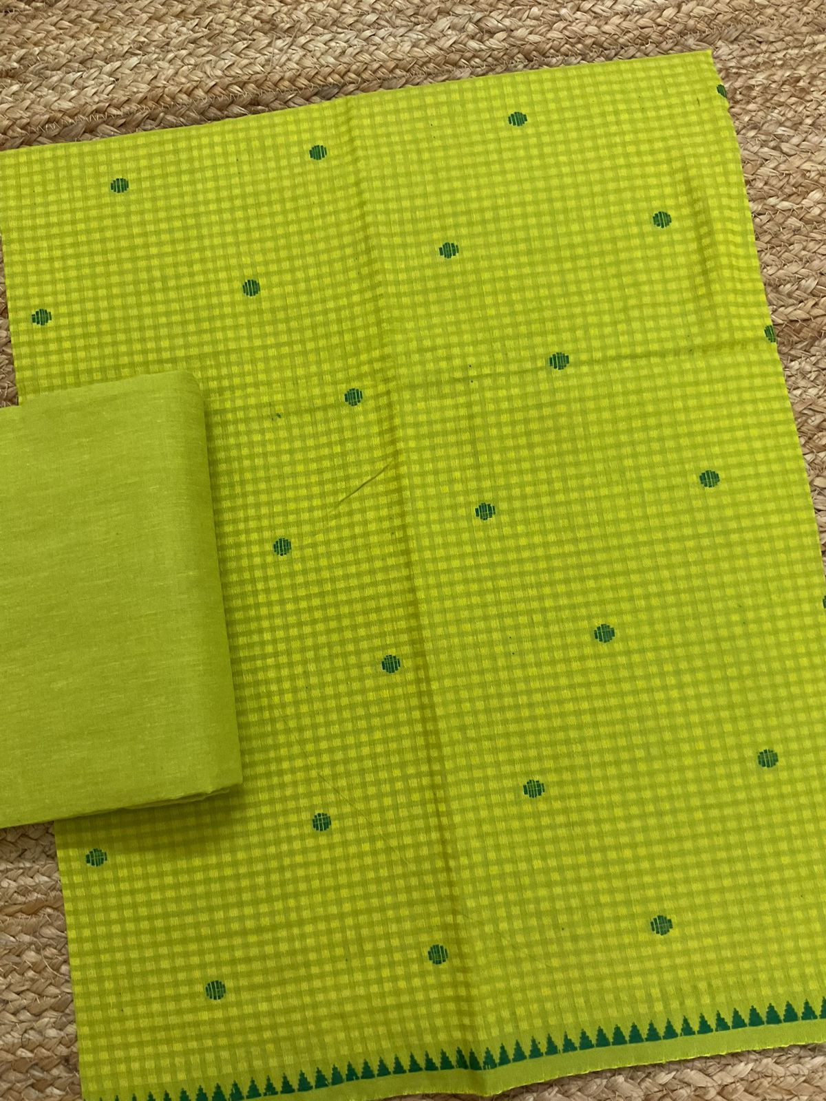 Pure Handloom Cotton Self Weaved Suit - Green