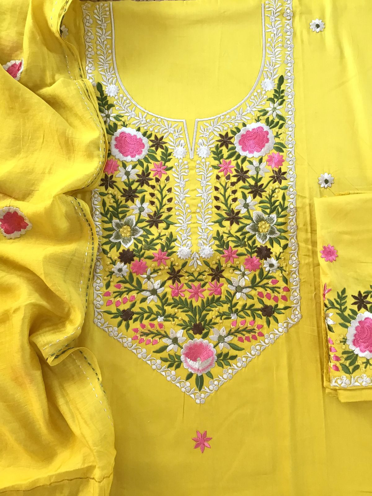 Pure Cotton Silk Embroidered Suit - Yellow