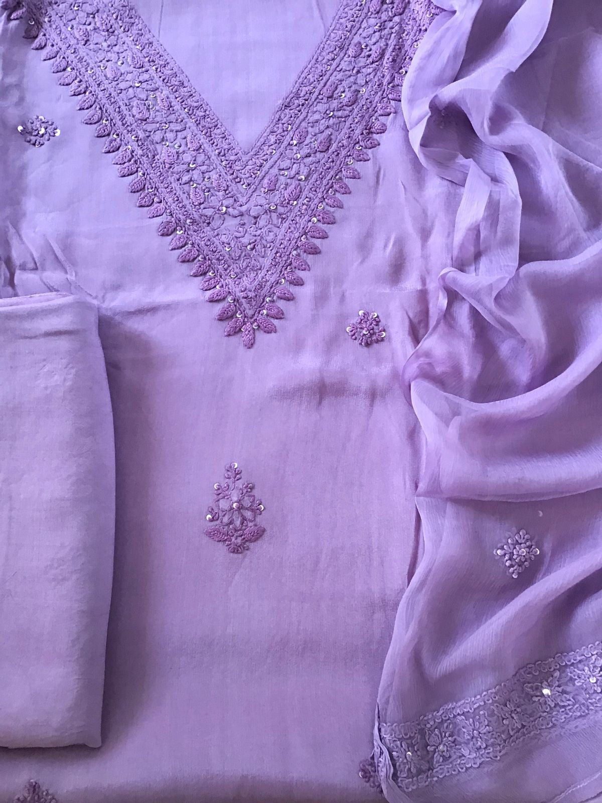 Pure Chinnon Silk Embroidered Suit - Lavender
