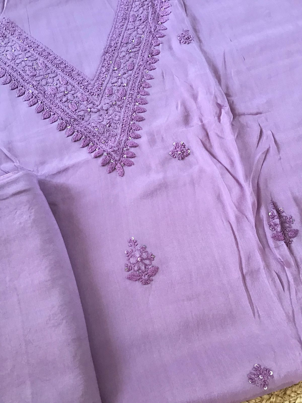 Pure Chinnon Silk Embroidered Suit - Lavender