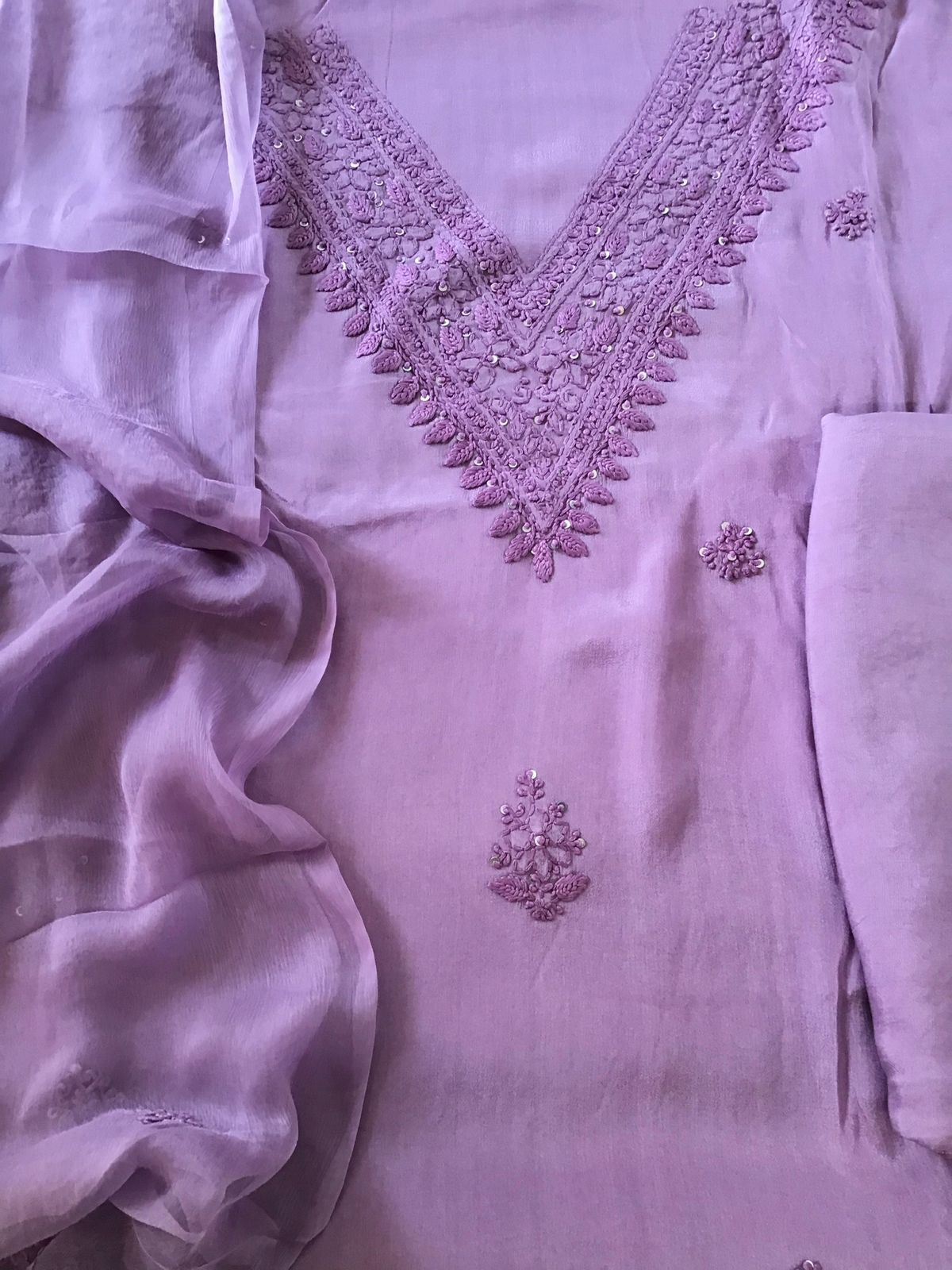 Pure Chinnon Silk Embroidered Suit - Lavender