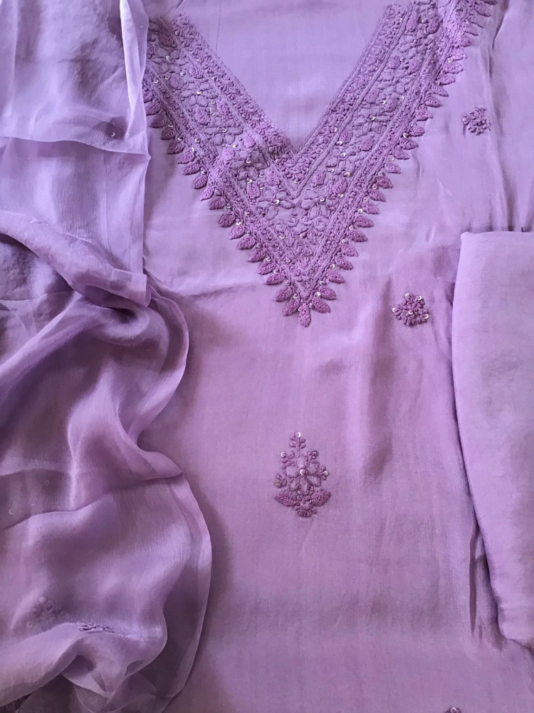 Image of Pure Chinnon Silk Embroidered Suit - Lavender
