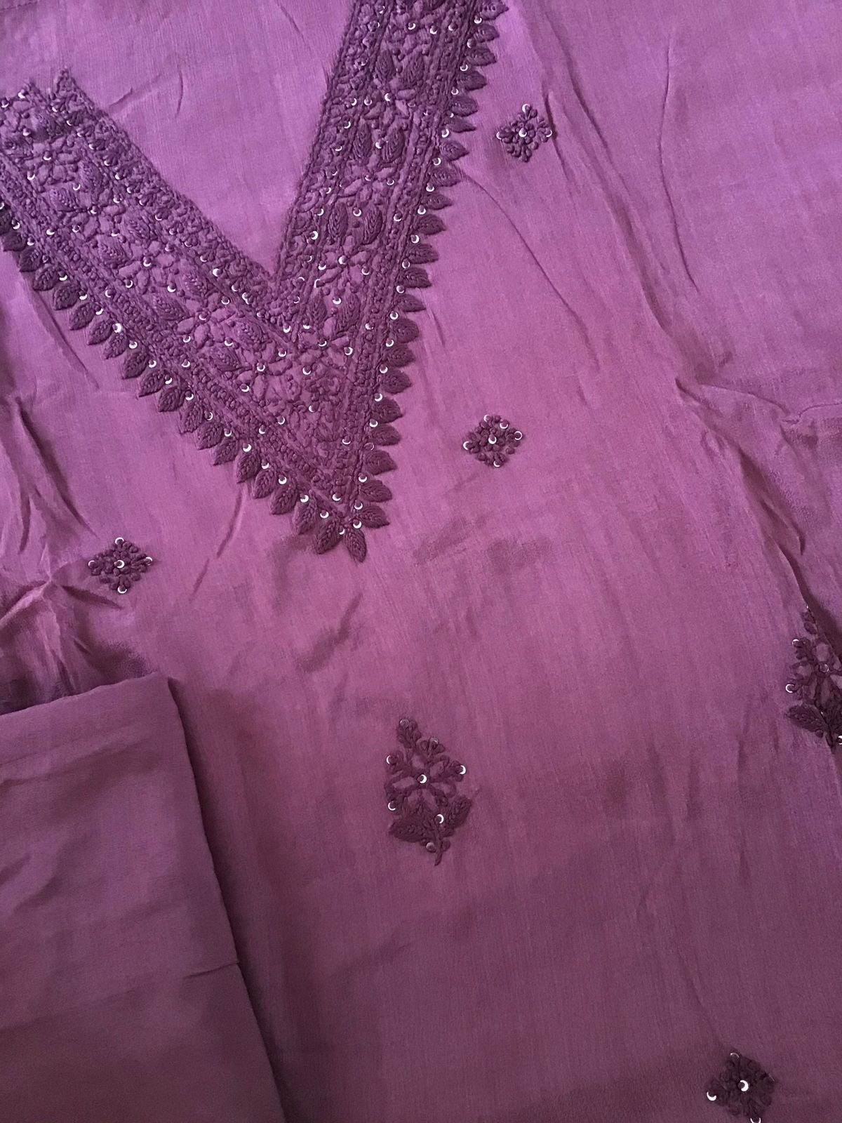 Pure Chinnon Silk Embroidered Suit - Wine