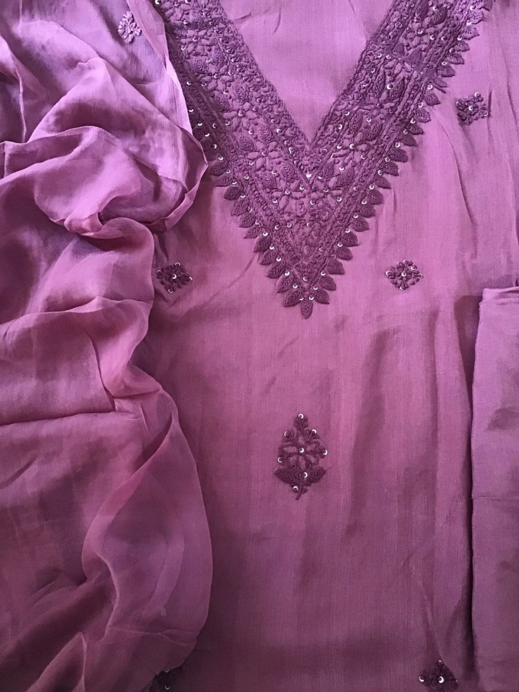 Image of Pure Chinnon Silk Embroidered Suit - Wine