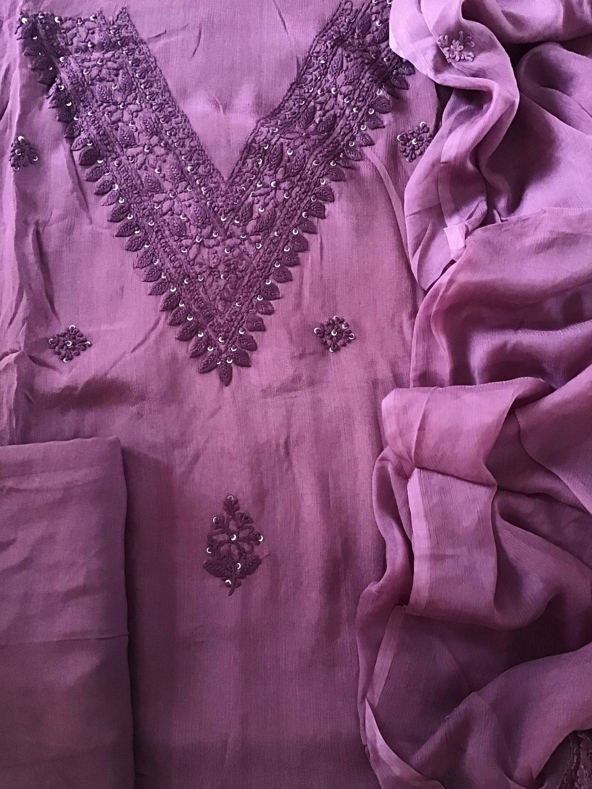 Pure Chinnon Silk Embroidered Suit - Wine