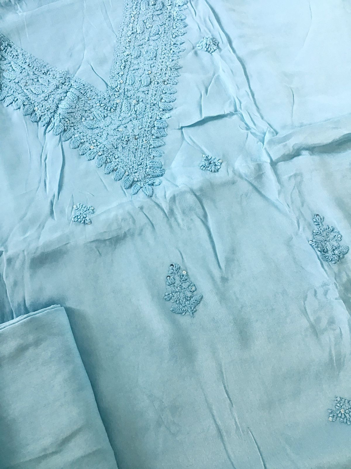 Pure Chinnon Silk Embroidered Suit - Blue