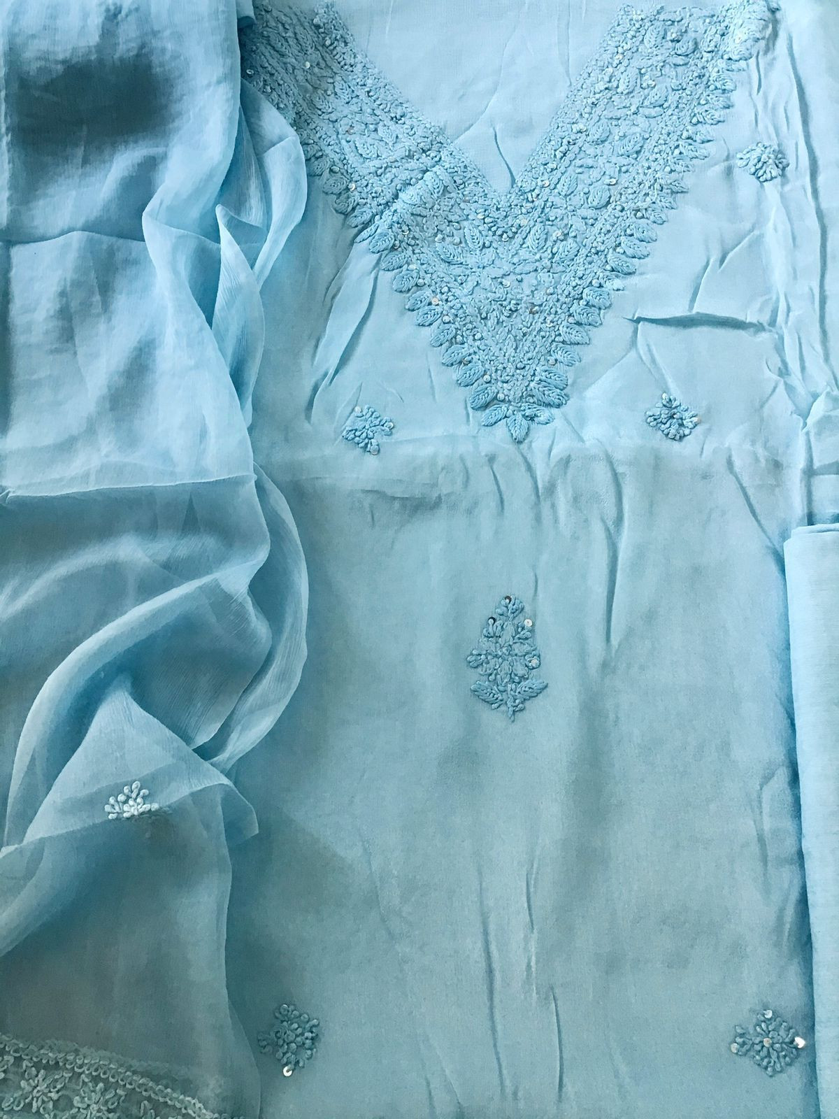 Pure Chinnon Silk Embroidered Suit - Blue