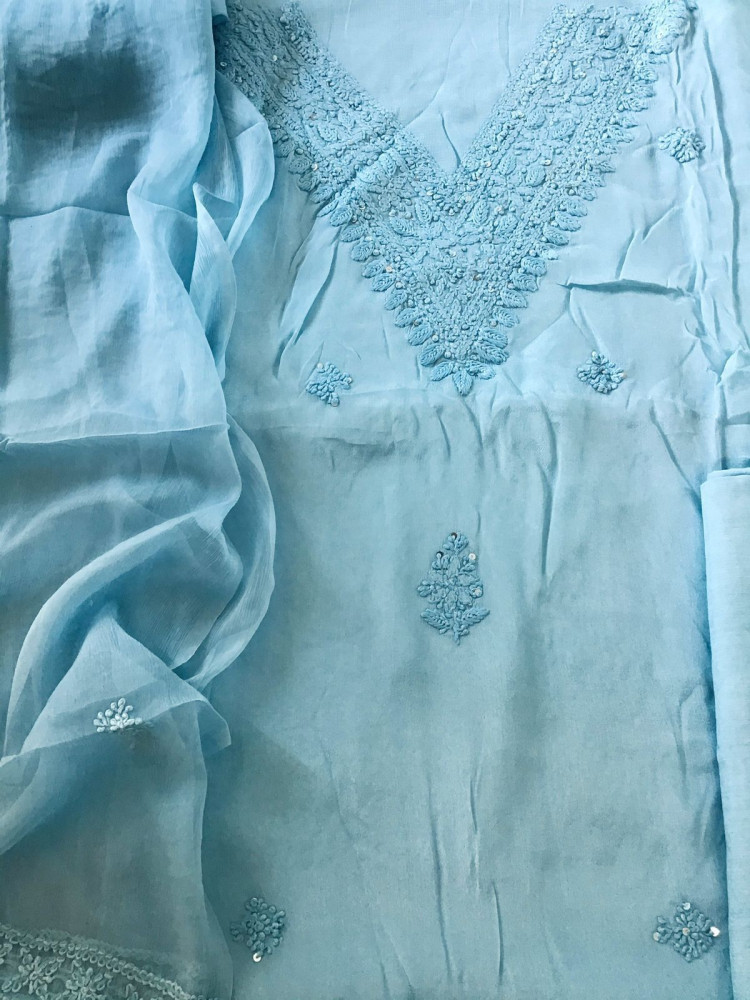 Image of Pure Chinnon Silk Embroidered Suit - Blue