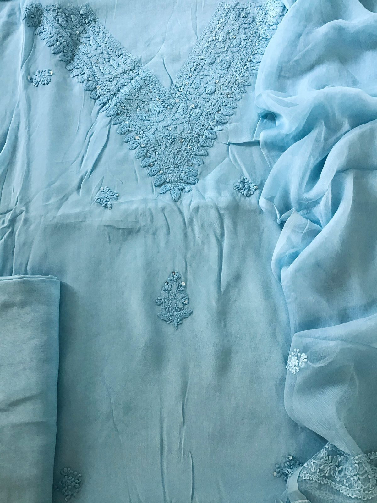 Pure Chinnon Silk Embroidered Suit - Blue