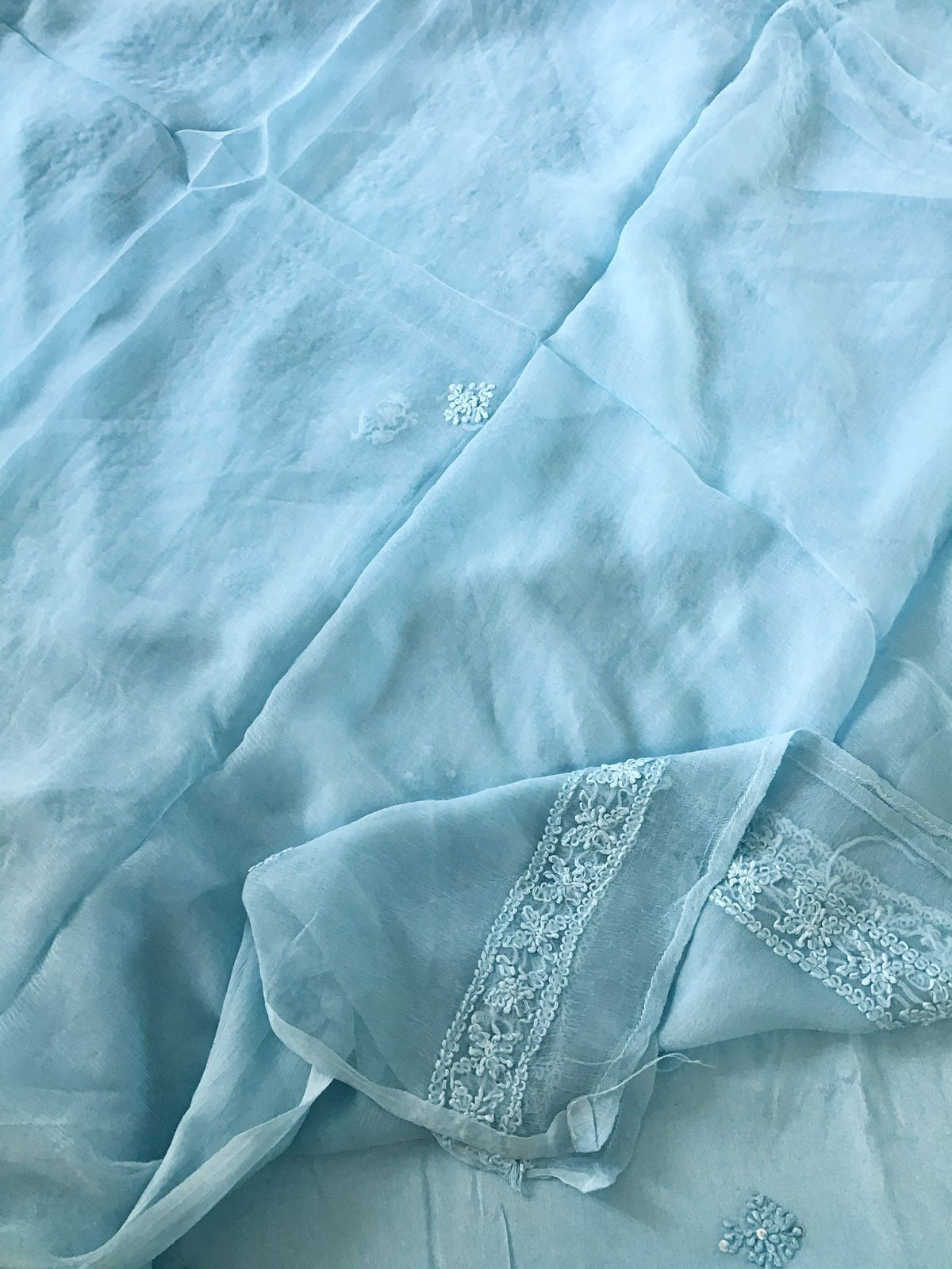 Pure Chinnon Silk Embroidered Suit - Blue