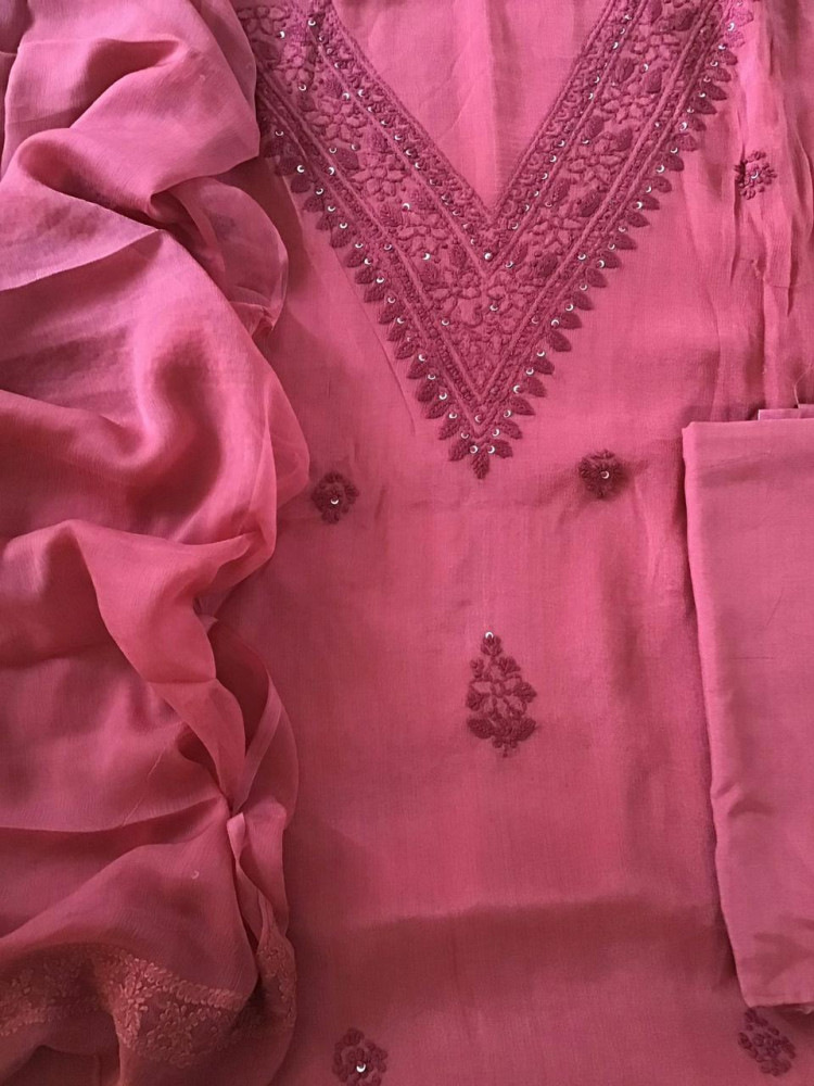 Image of Pure Chinnon Silk Embroidered Suit - Light Maroon