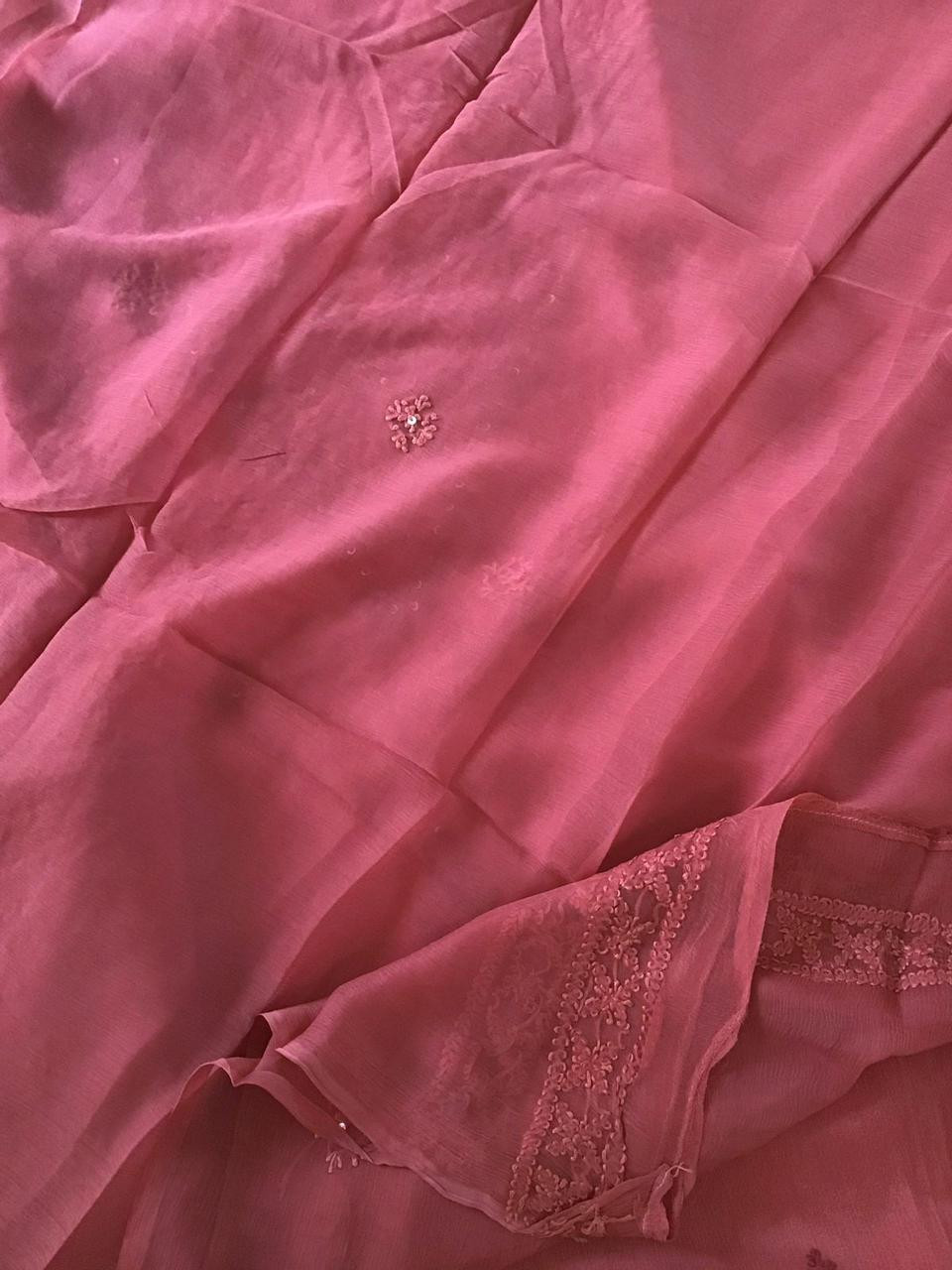 Pure Chinnon Silk Embroidered Suit - Light Maroon