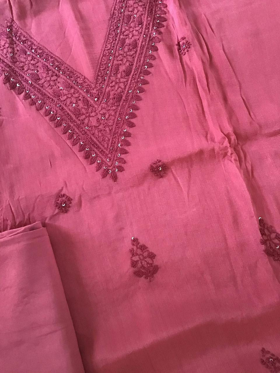 Pure Chinnon Silk Embroidered Suit - Light Maroon