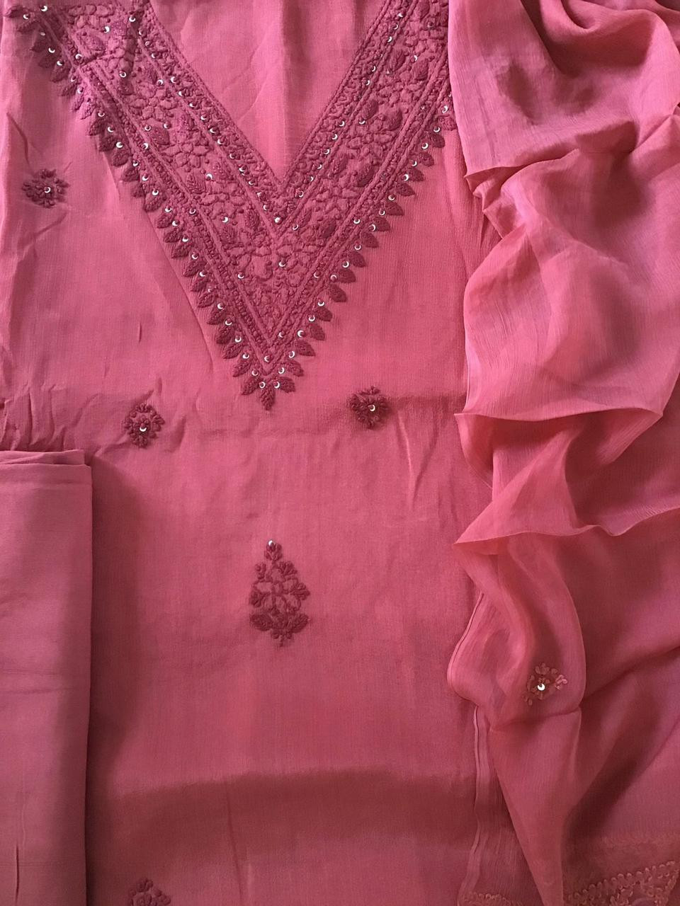 Pure Chinnon Silk Embroidered Suit - Light Maroon
