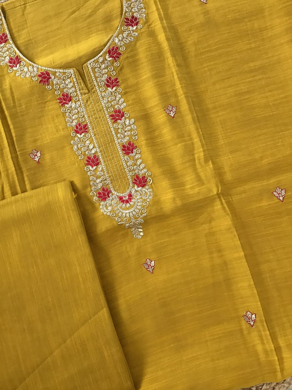 Soft Semi Raw Silk Printed Embroidered Suit - Yellow