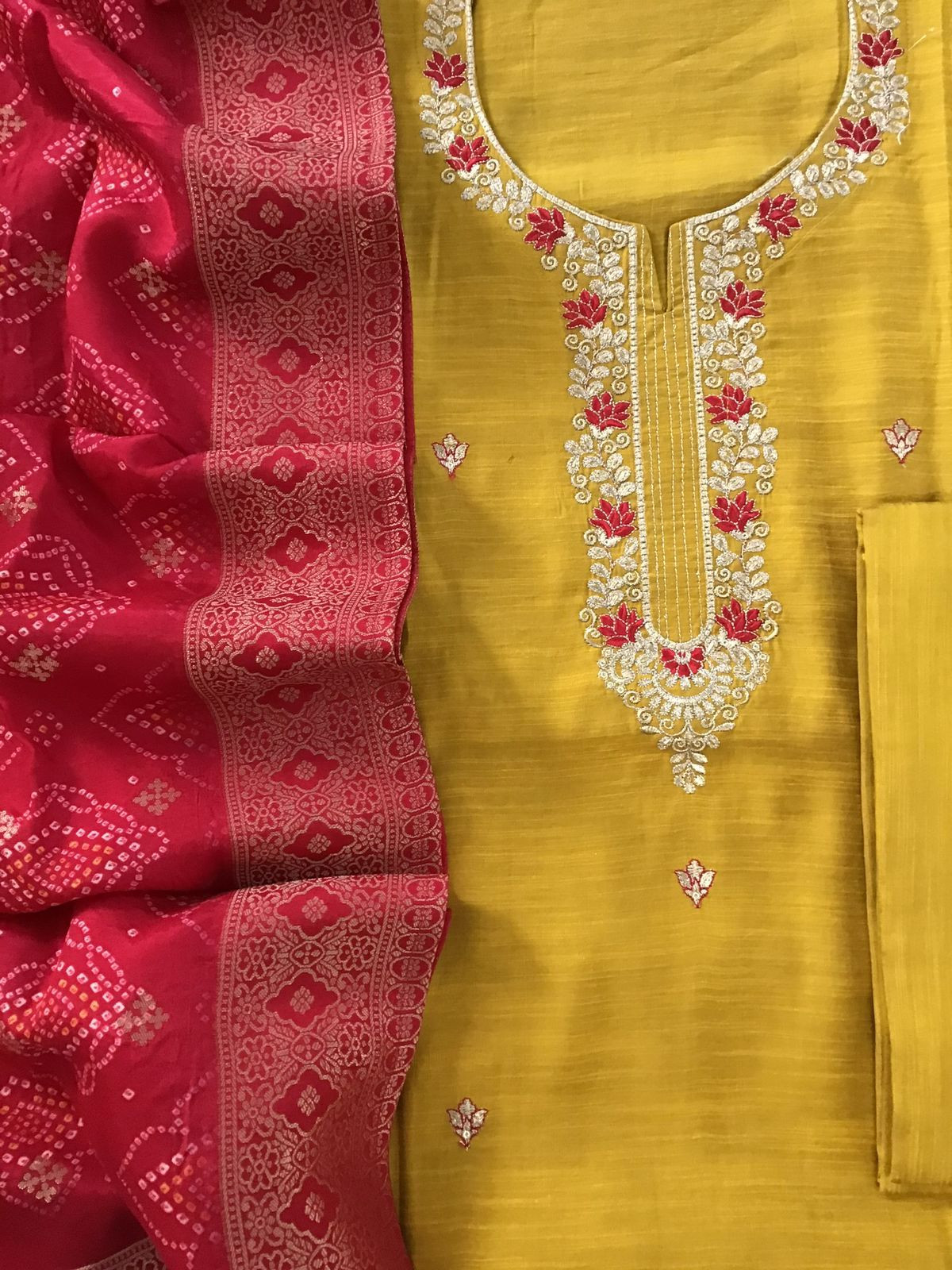Soft Semi Raw Silk Printed Embroidered Suit - Yellow