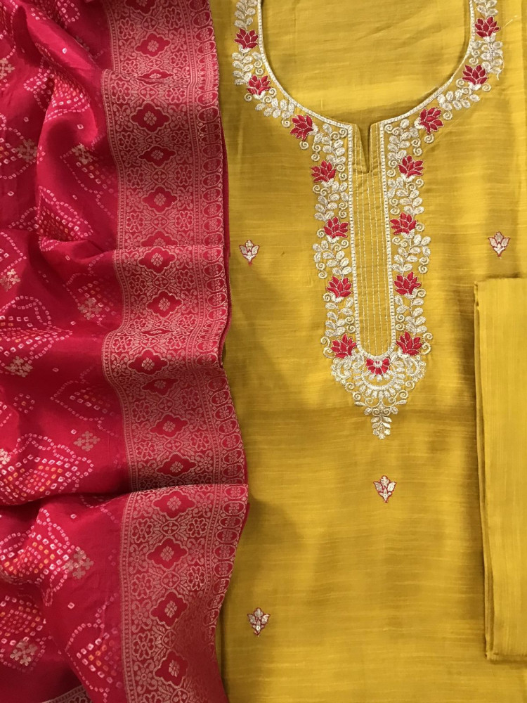 Image of Soft Semi Raw Silk Printed Embroidered Suit - Yellow