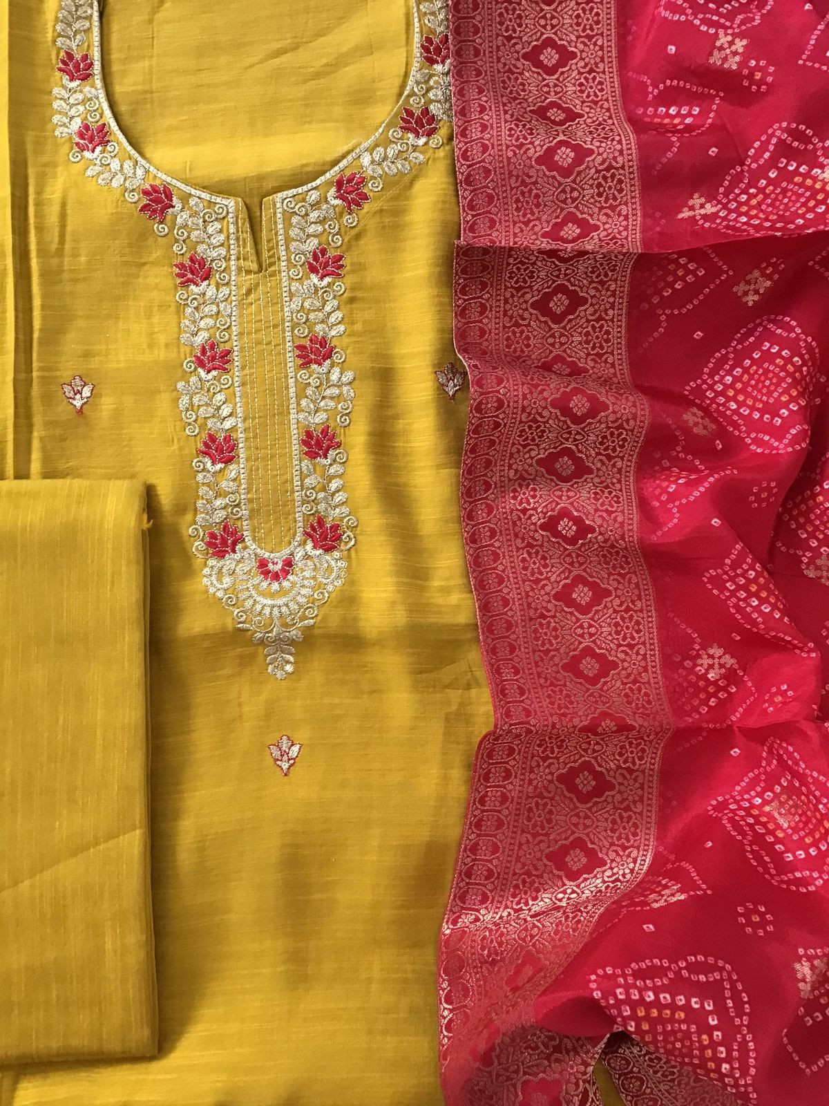 Soft Semi Raw Silk Printed Embroidered Suit - Yellow