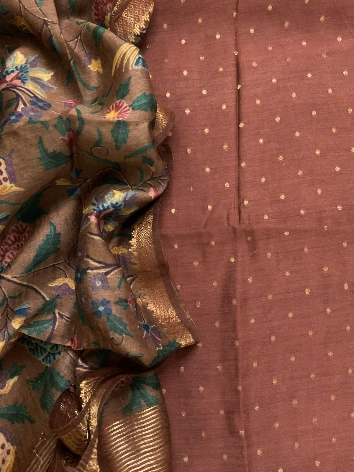 Pure Munga Silk Printed Banarasi Weaved Suit - Brown