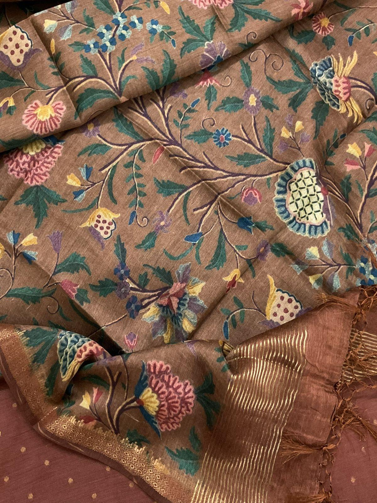 Pure Munga Silk Printed Banarasi Weaved Suit - Brown