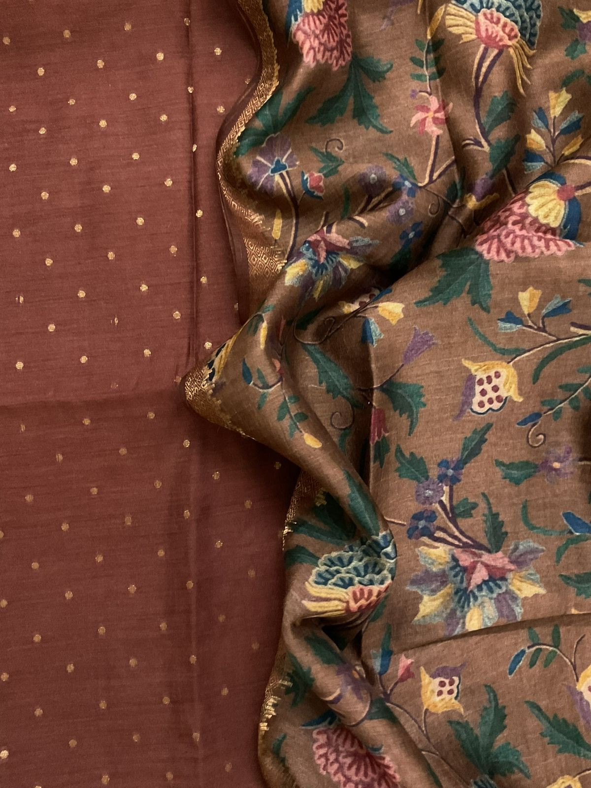 Pure Munga Silk Printed Banarasi Weaved Suit - Brown