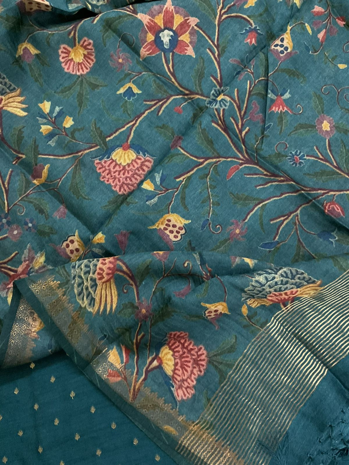 Pure Munga Silk Printed Banarasi Weaved Suit - Peacock Blue