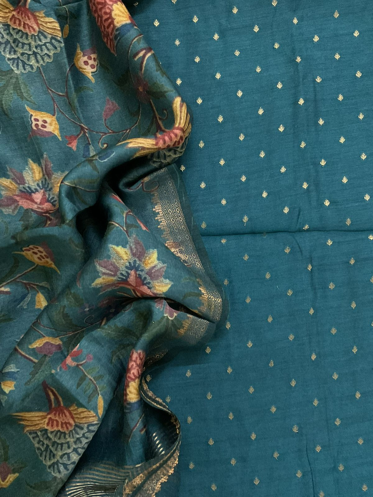 Pure Munga Silk Printed Banarasi Weaved Suit - Peacock Blue