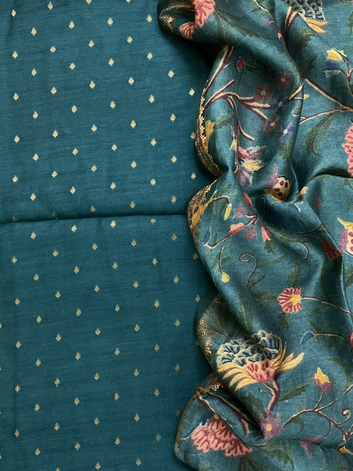 Pure Munga Silk Printed Banarasi Weaved Suit - Peacock Blue