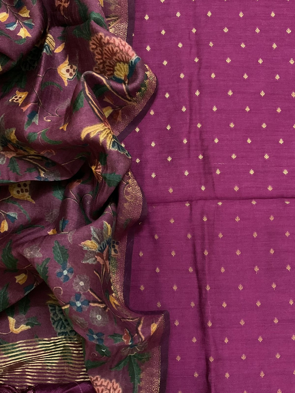 Pure Munga Silk Printed Banarasi Weaved Suit - Wine