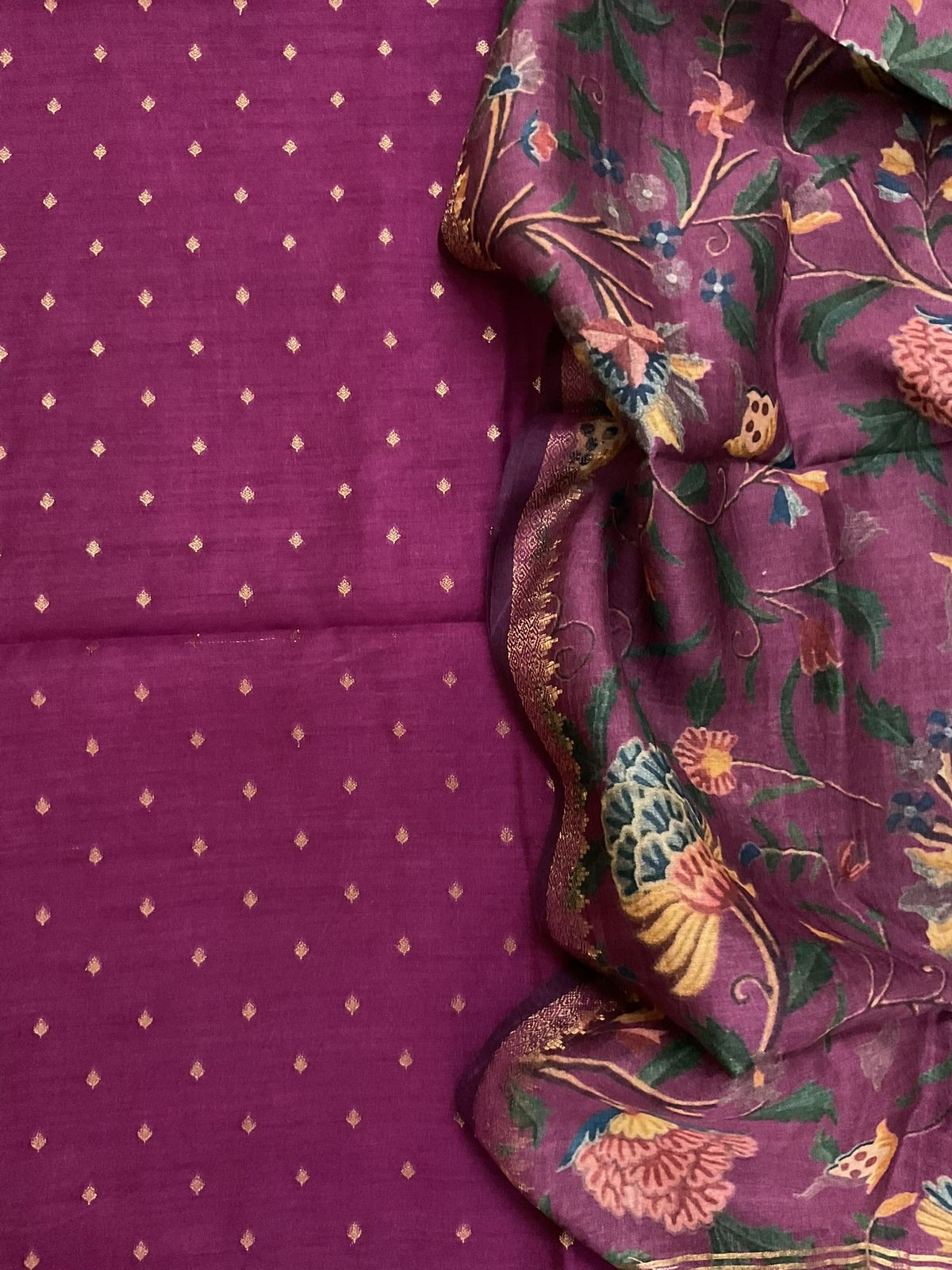 Pure Munga Silk Printed Banarasi Weaved Suit - Wine