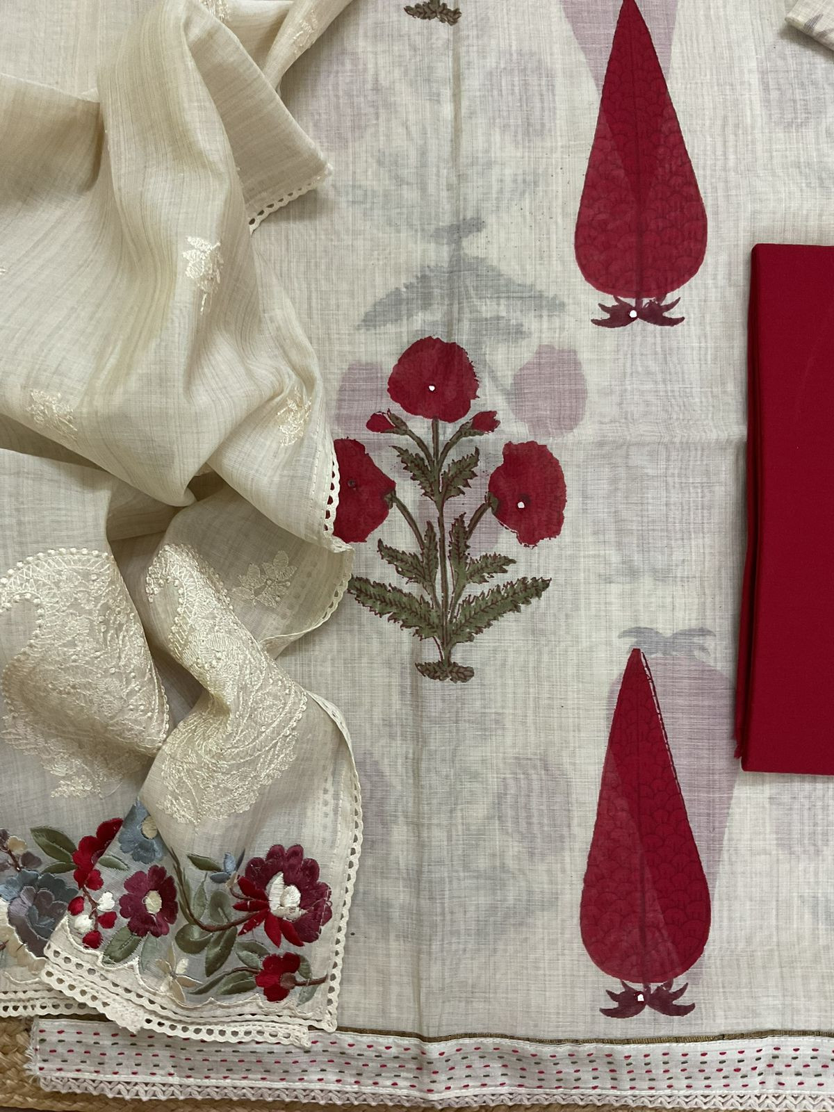 Soft Slub Chanderi Printed Embroidered Suit - Beige