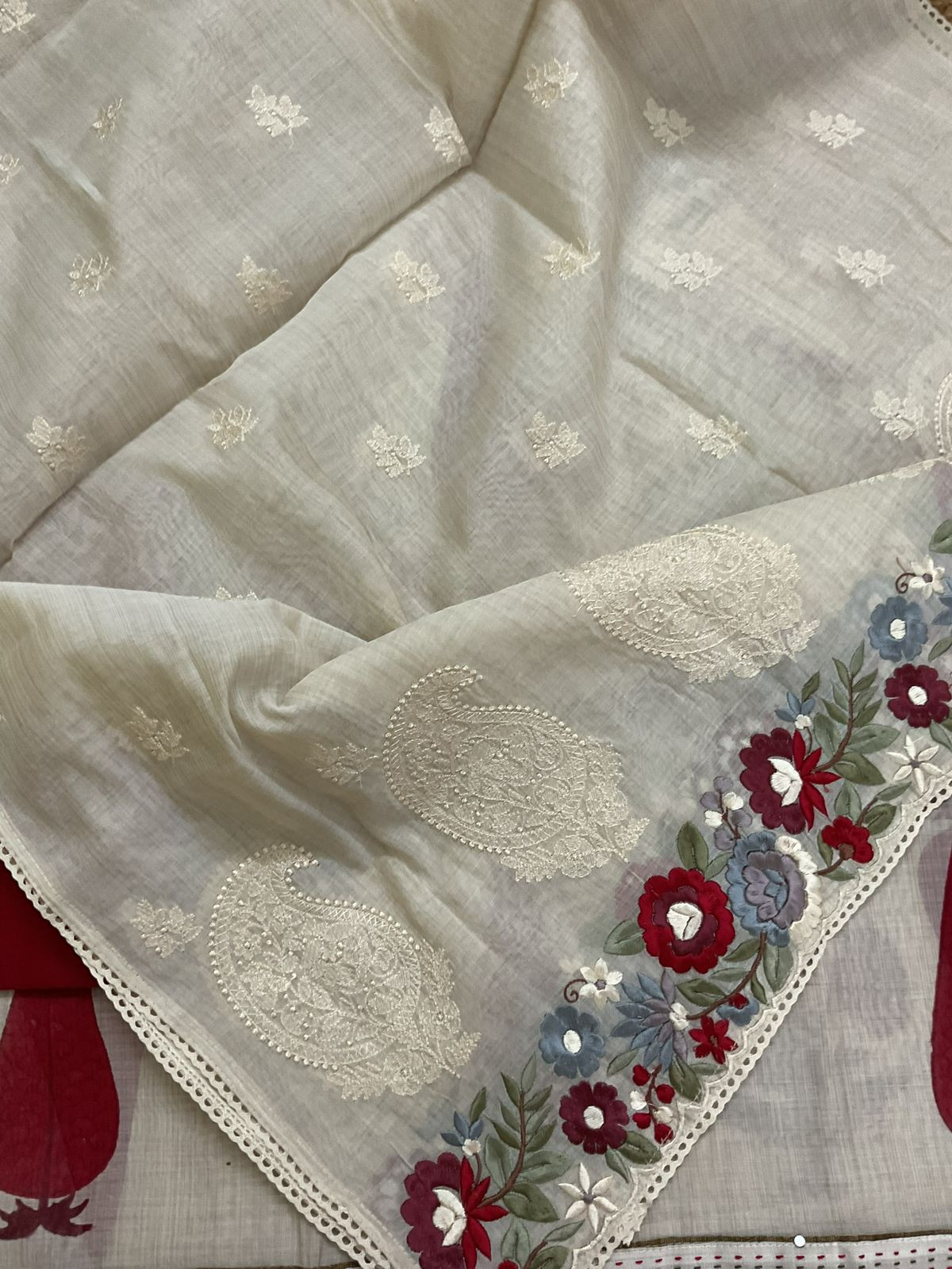 Soft Slub Chanderi Printed Embroidered Suit - Beige