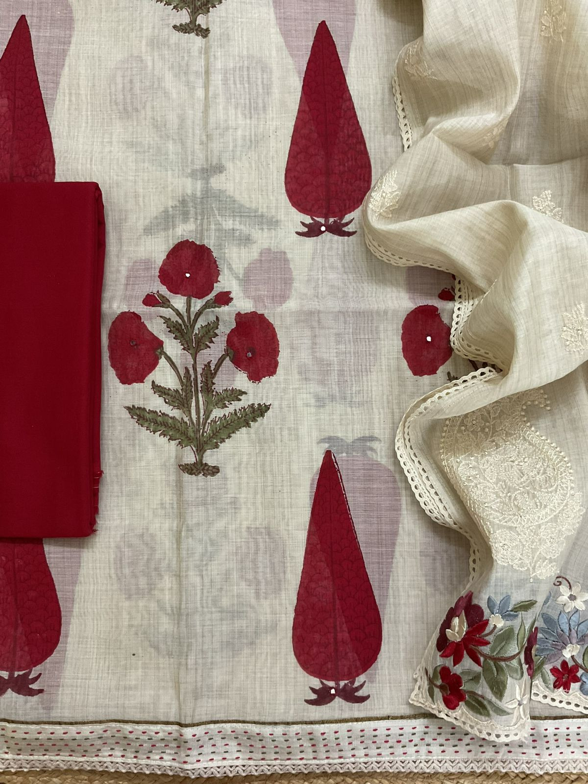 Soft Slub Chanderi Printed Embroidered Suit - Beige