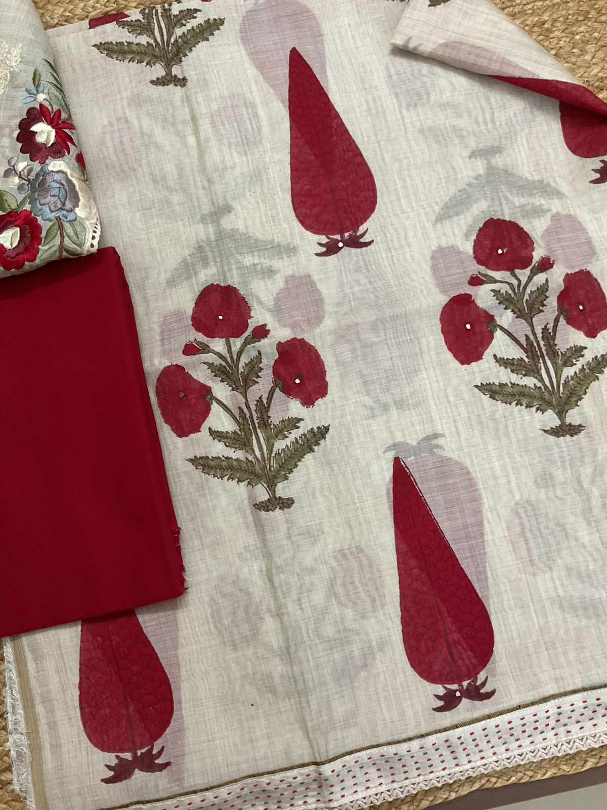 Soft Slub Chanderi Printed Embroidered Suit - Beige