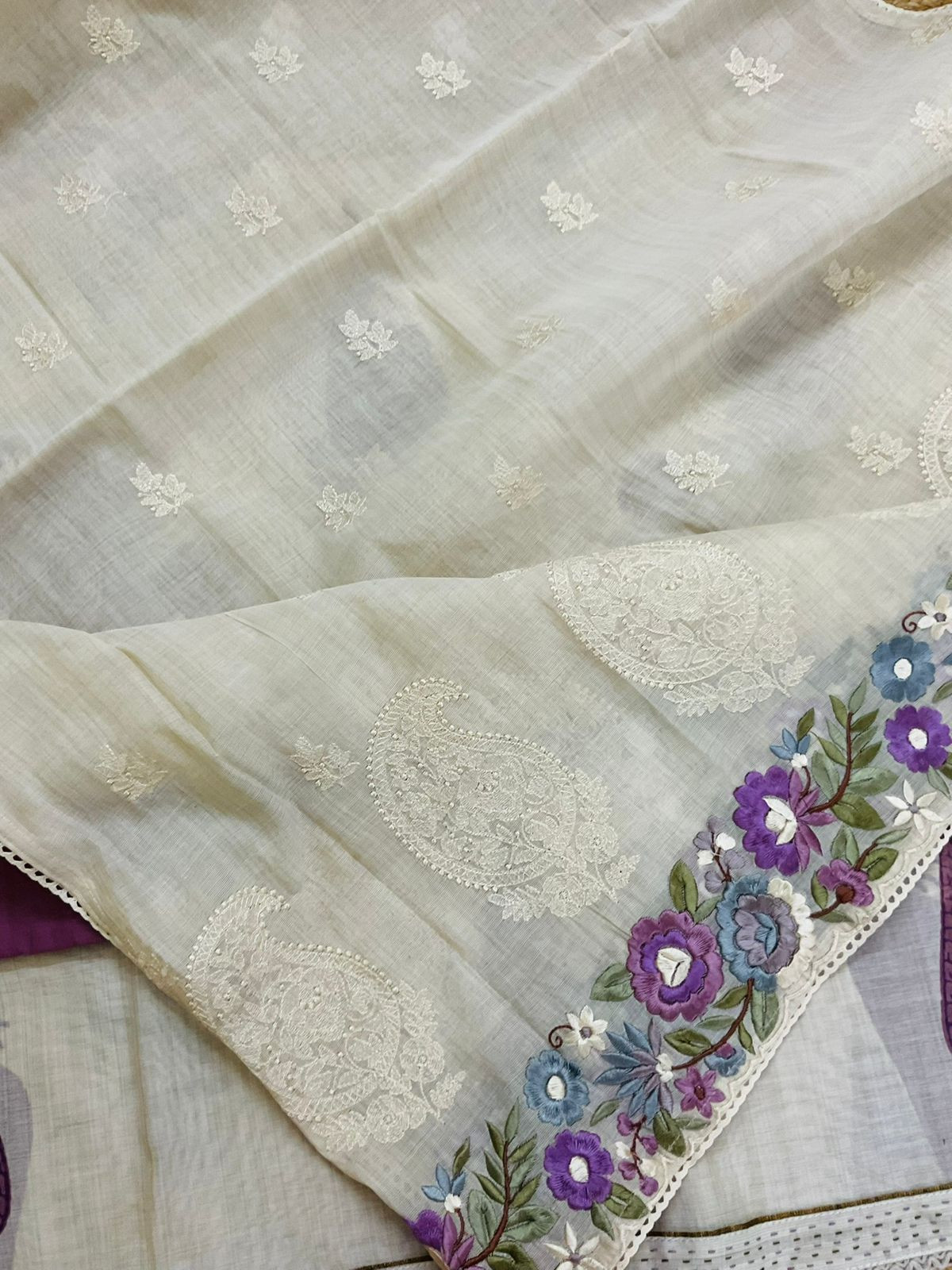 Soft Slub Chanderi Printed Embroidered Suit - Beige