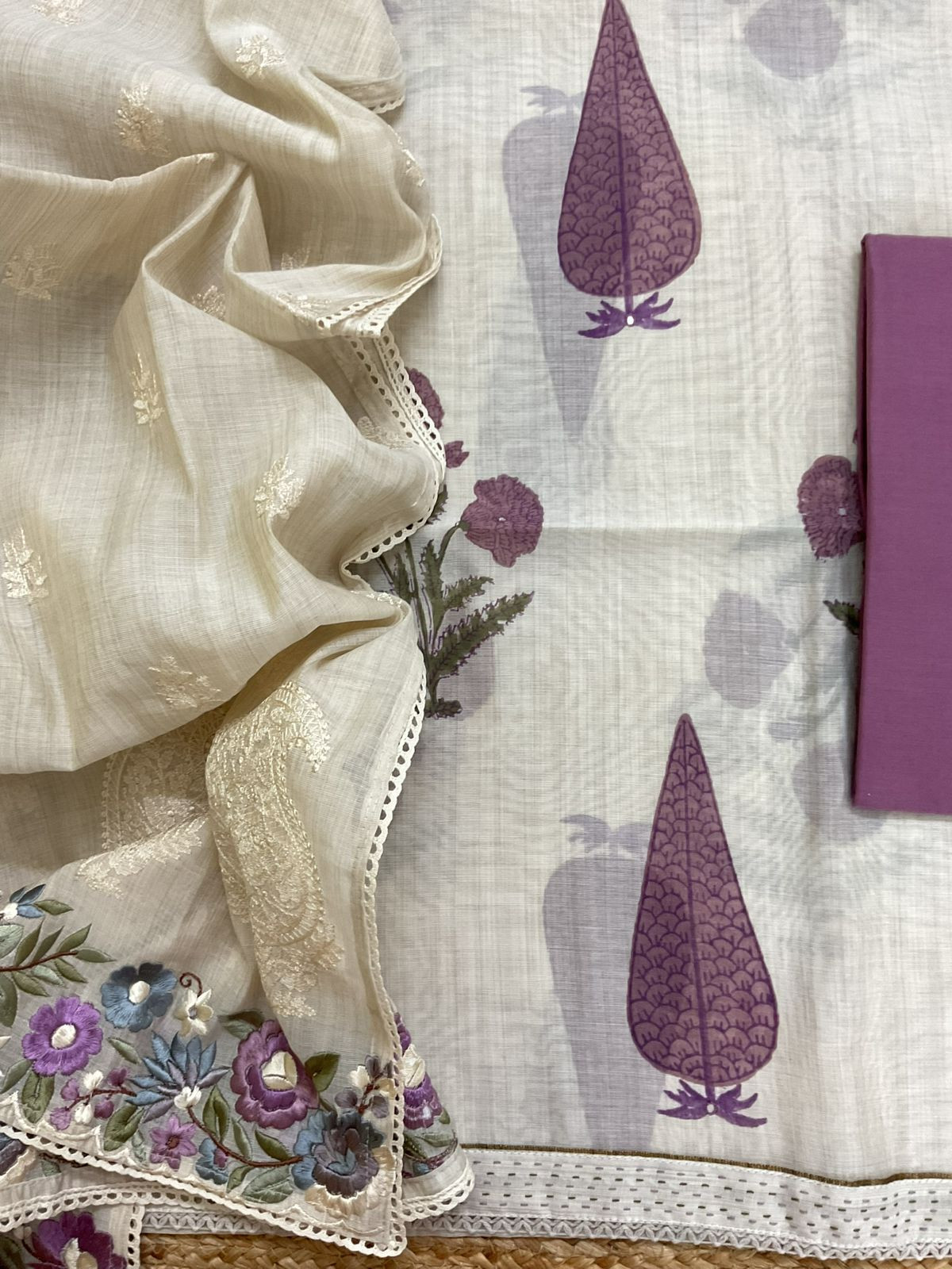 Soft Slub Chanderi Printed Embroidered Suit - Beige