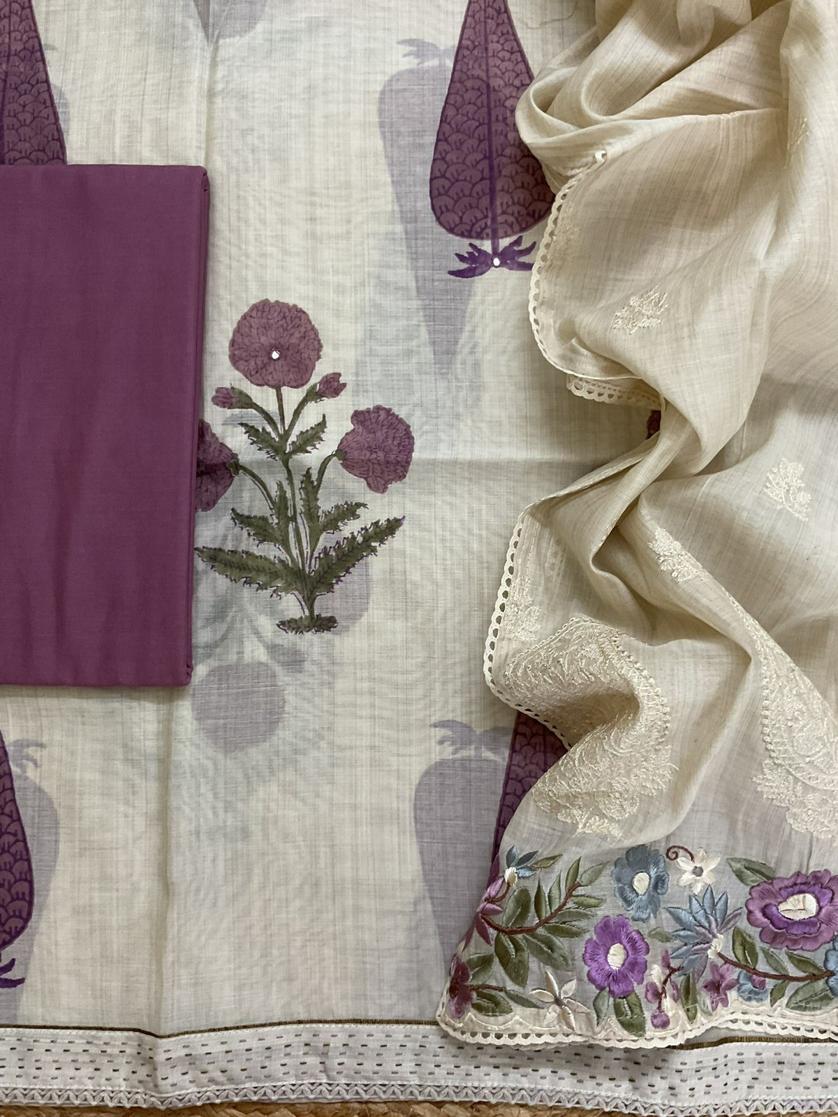 Soft Slub Chanderi Printed Embroidered Suit - Beige