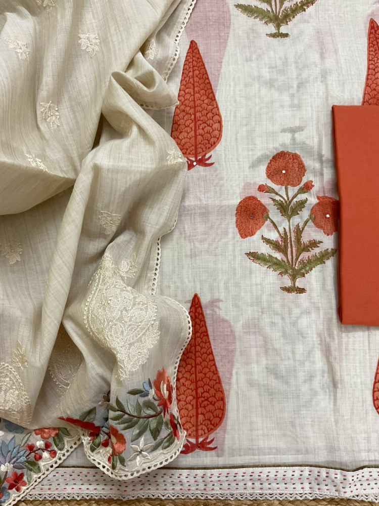 Image of Soft Slub Chanderi Printed Embroidered Suit - Beige