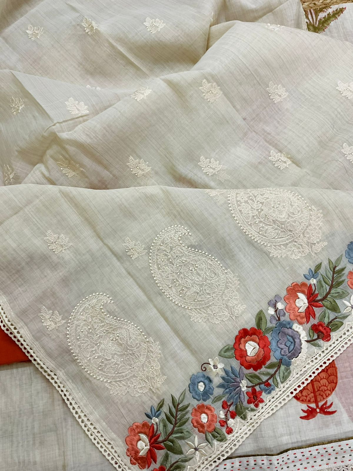 Soft Slub Chanderi Printed Embroidered Suit - Beige